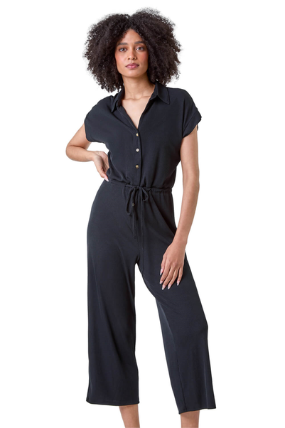 Roman Black Plain Ribbed Stretch Jersey Jumpsuit