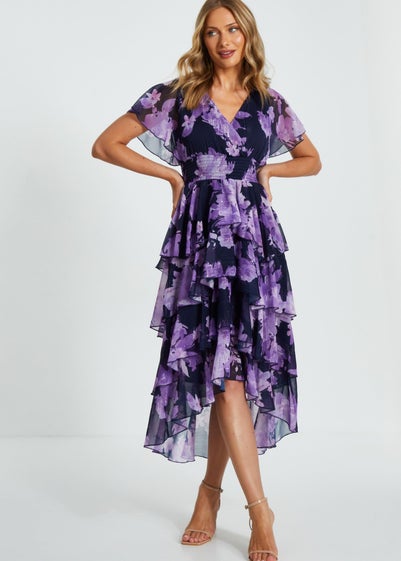 Quiz Navy Floral Tiered Midi Dress