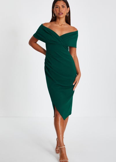 Quiz Green Bardot Ruched Wrap Midi Dress