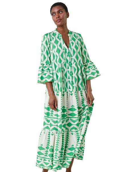 Roman Green Aztec Print Tiered Midi Smock Dress