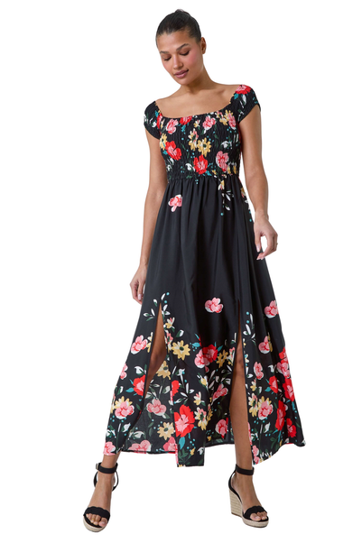 Roman Black Floral Shirred Bardot Maxi Dress