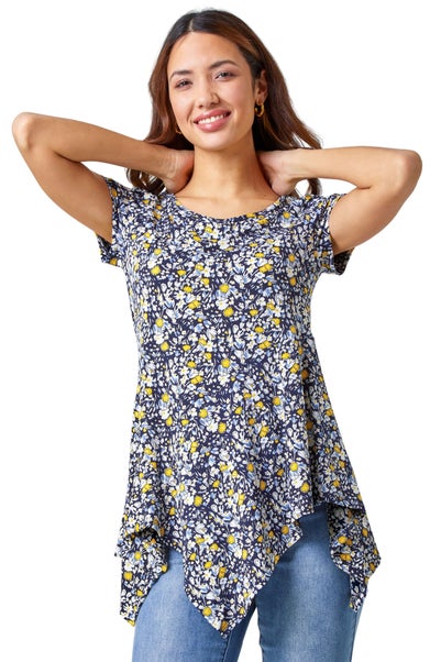 Roman Yellow Floral Hanky Hem Stretch Tunic Top