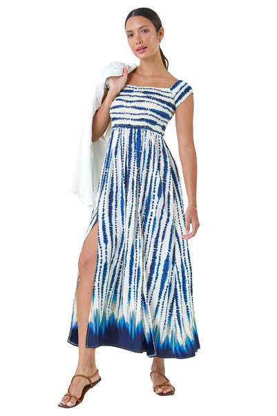 Roman Blue Tie Dye Shirred Bardot Maxi Dress