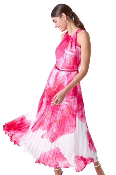 Roman Cerise Floral Pleated Halterneck Maxi Dress