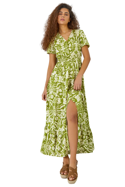 Roman Lime  Floral Print Button Detail Maxi Dress