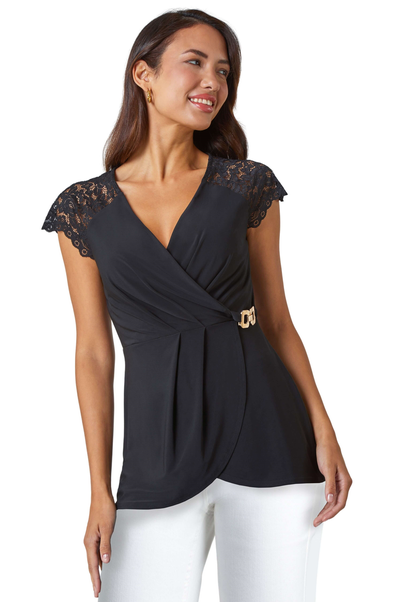 Roman Black Lace Trim Stretch V-Neck  Wrap Top