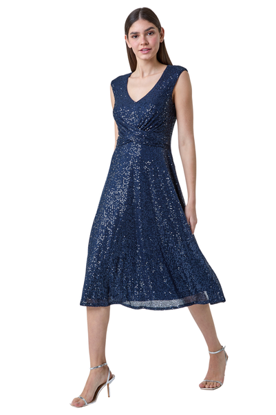 Roman Navy Sequin Wrap Detail Midi Dress