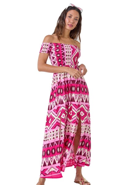 Roman Fuchsia Aztec Shirred Bardot Maxi Dress