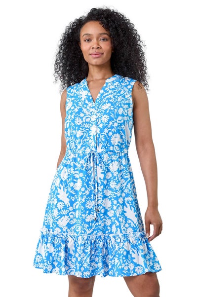 Roman Petite Blue Petite Ditsy Floral Frill Hem Shirt Dress