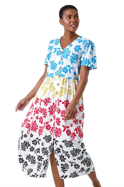 Roman Multi Colourblock Floral Button Tiered Dress