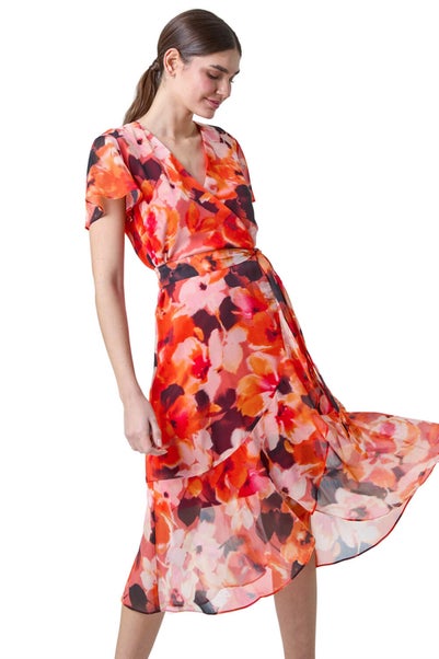 Roman Orange Floral Print Chiffon Wrap Dress