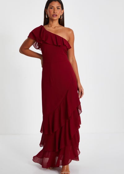 Quiz Red One Shoulder Chiffon Ruffle Maxi Dress