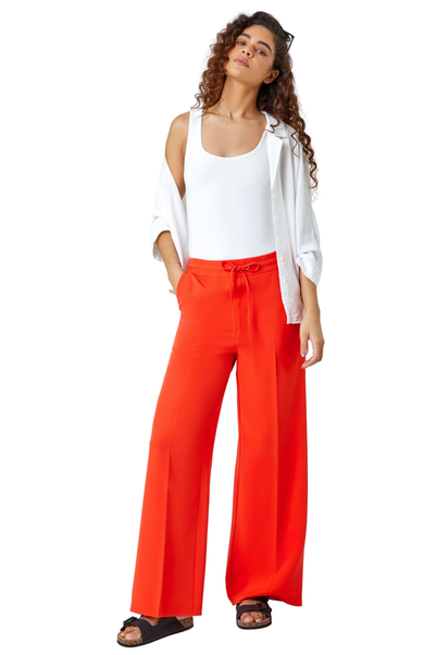 Roman Orange Wide Leg Elastic Waist Tie Front Trouser