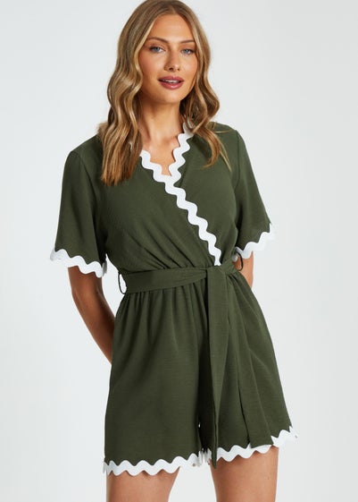 Quiz Khaki Wavy Trim Wrap Playsuit