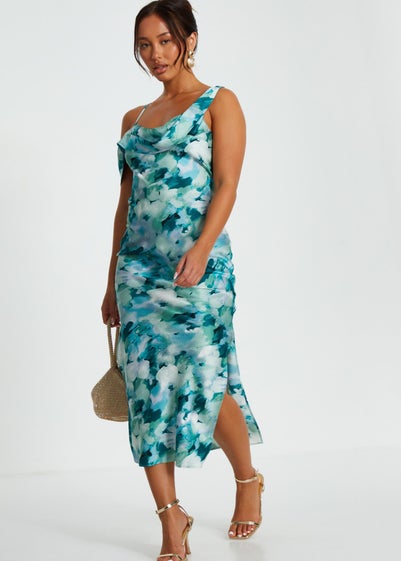 Quiz Blue Petite Floral Satin Asymmetric Midaxi Dress