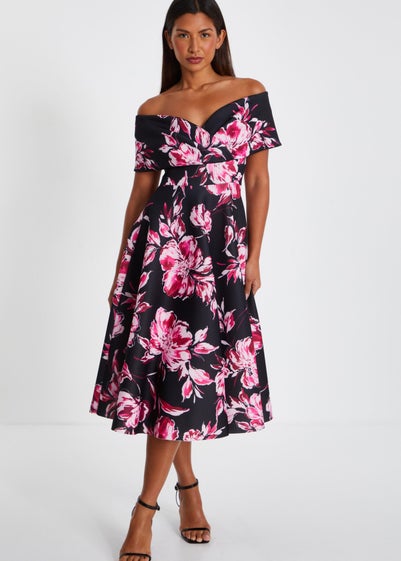 Quiz Black Floral Bardot Skater Midi Dress