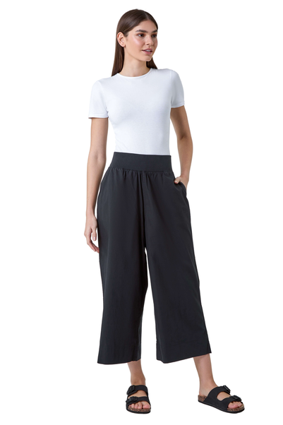 Roman Black Elastic Waist Wide Leg Cotton Cropped Culottes