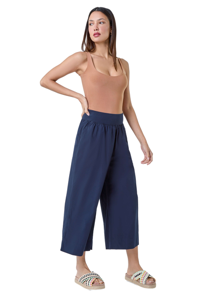 Roman Navy Elastic Waist Wide Leg Cotton Cropped Culottes