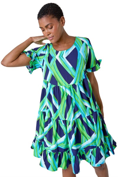 Roman Green Abstract Print Tiered Smock Dress