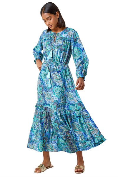 Roman Blue Paisley Print Tassel Frill Hem Maxi Dress