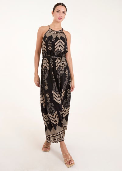 Blue Vanilla Black Abstract Halter Neck Belted Maxi Dress