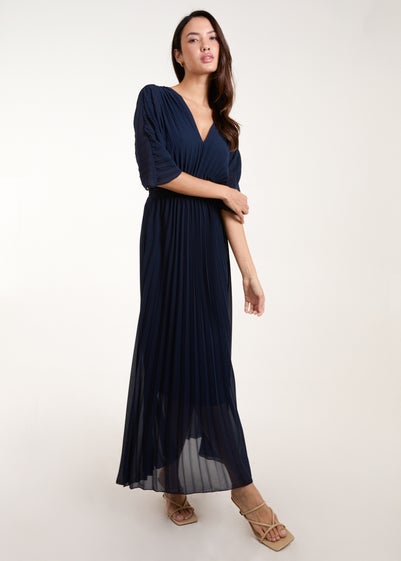 Blue Vanilla Navy Double V Pleated Chiffon Dress