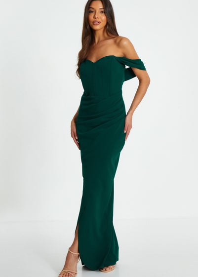 Quiz Green Bardot Ruched Maxi Dress