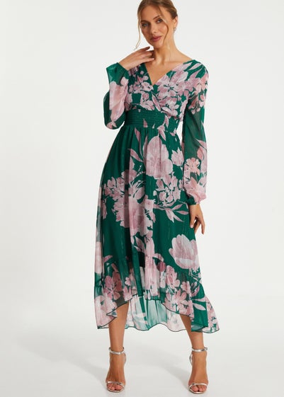 Quiz Green Floral Chiffon Midi Dress