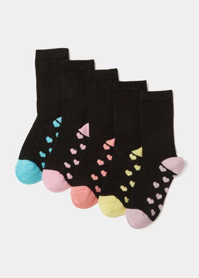 7 Pack Girls Black Heart Ankle Socks (Younger 6-Older 5.5)