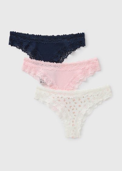 3 Pack Multicolour Lace Trim Brazilian Knickers