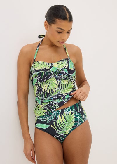 Green Tropical Leaf Print High Waisted Bikini Bottoms