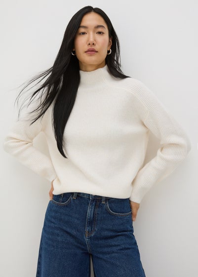 Cream Ribbed High Neck Jumper