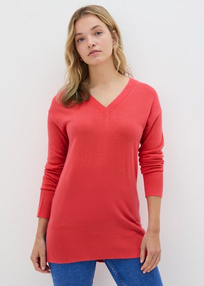 Coral V-Neck Longline Jumper