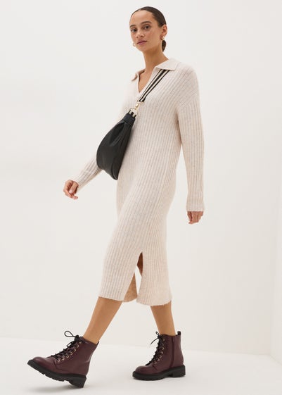 Cream Open Collar Knitted Dress