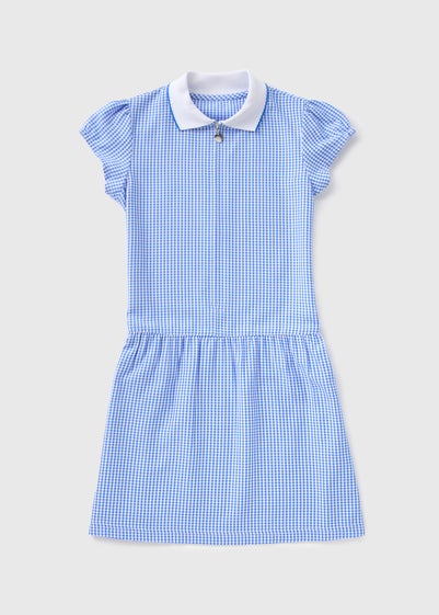 Girls Blue Gingham Knit Collar School Dress (3-13yrs)