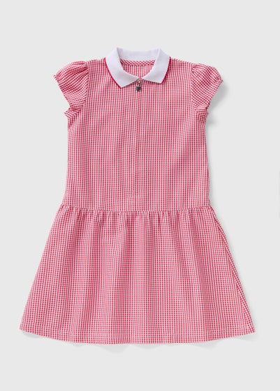 Girls Red Gingham Knit Collar School Dress (3-13yrs)