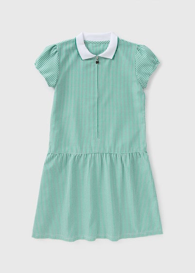 Girls Green Gingham Knit Collar School Dress (4-12yrs)