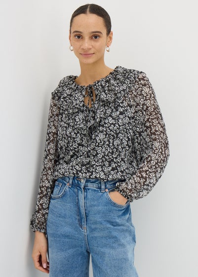 Black Floral Ruffle Tie Neck Blouse