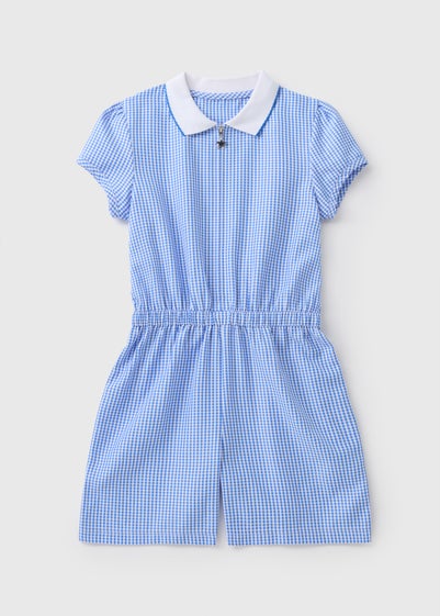 Girls Blue Gingham Knit Collar Playsuit (3-13yrs)