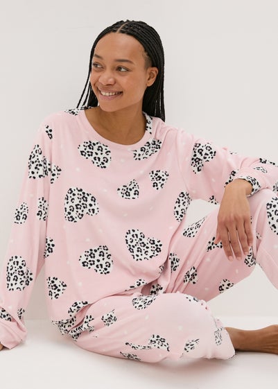 Pink Leopard Heart Print Fleece Pyjama Set