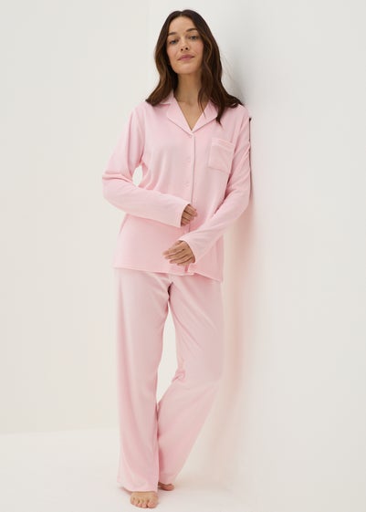 Pink Button Up Piped Fleece Pyjama Set