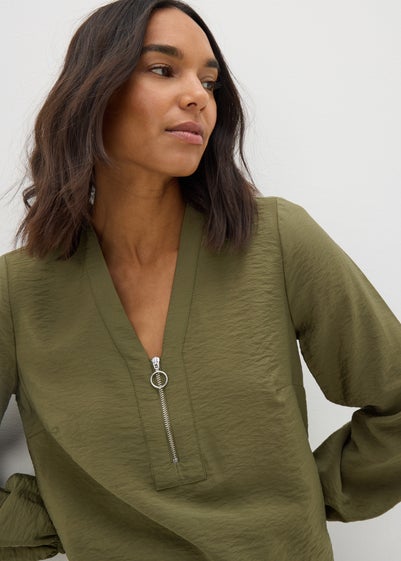 Et Vous Khaki Zip Front Blouse