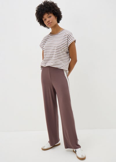 Brown Side Stripe Jersey Wide Leg Trousers