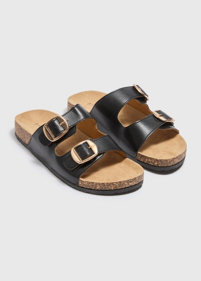 Black Double Buckle Footbed Sandals