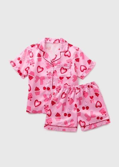 Girls Pink Heart Bow Satin Pyjama Set (4-12yrs)