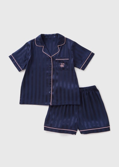 Girls Navy Stripe Satin Pyjama Set (4-13yrs)