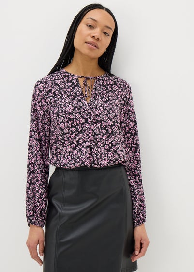 Black Ditsy Floral Tie Neck Blouse