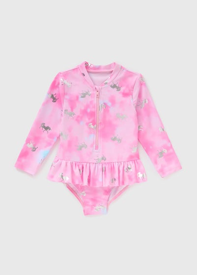 Girls Pink Unicorn Foil Swimsuit (1-7yrs)