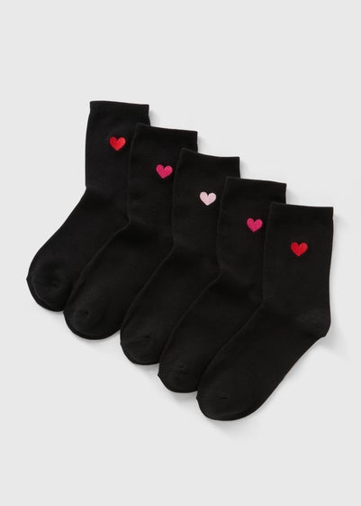 5 Pack Black Embroidered Heart Socks