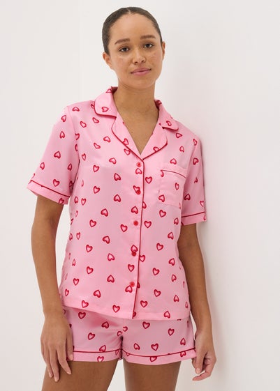 Pink Hearts Satin Pyjama Shorts Set